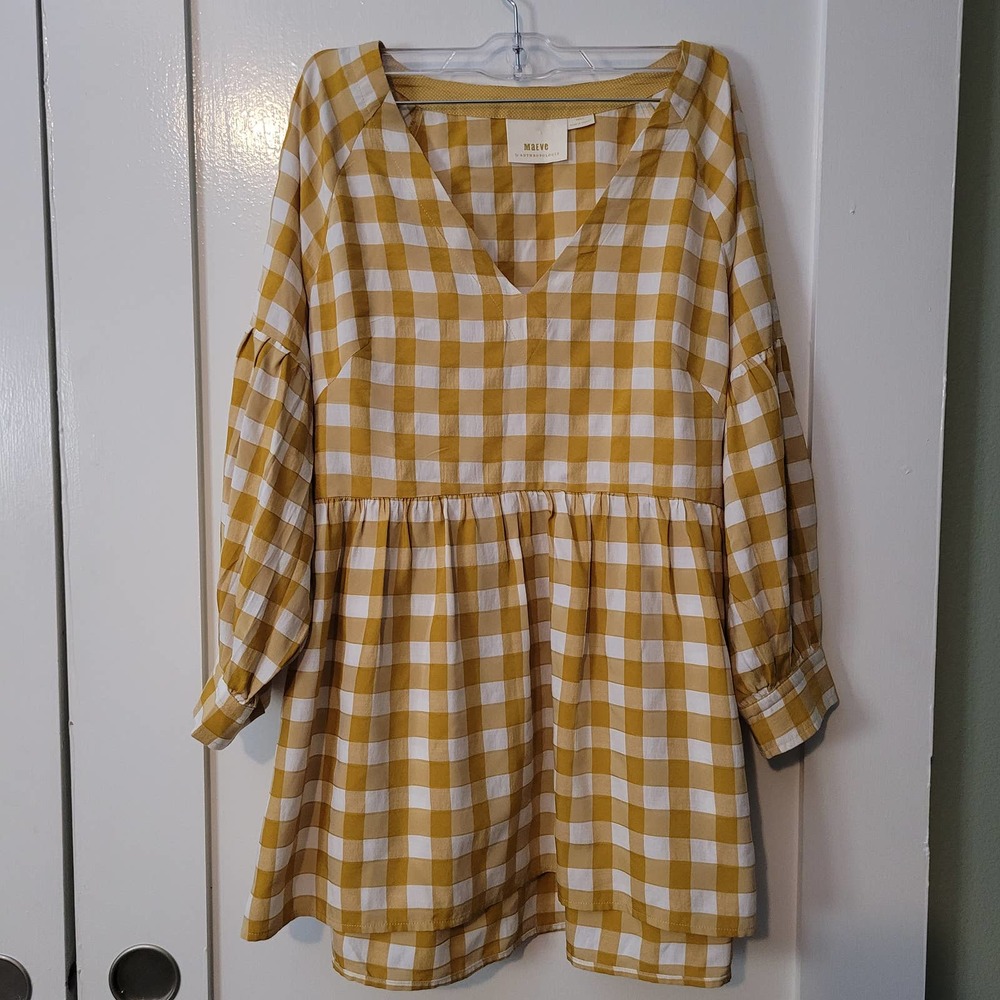 Maeve Mustard Yellow White Gingham Plaid Babydoll Tunic Blouse -Size:	S